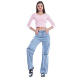 High Waist Flap Cargo Belt Light Blue Jeans Pants OB-620C