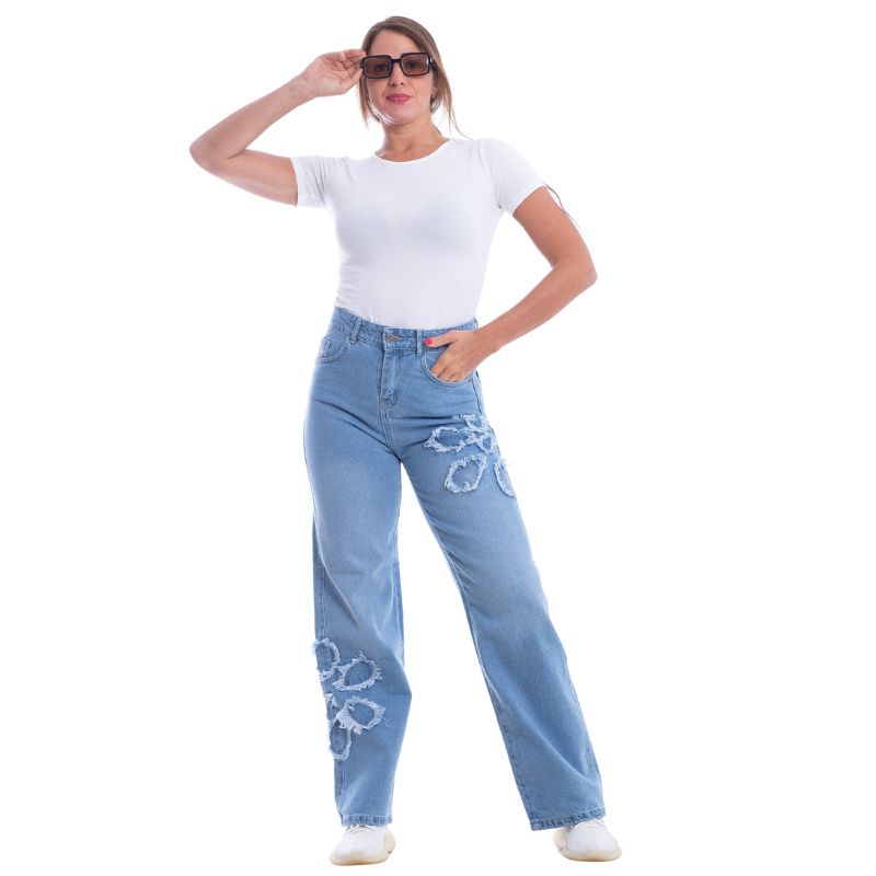 High Waist Straight Flower Pattern Light Blue Jeans Pants OB-632C