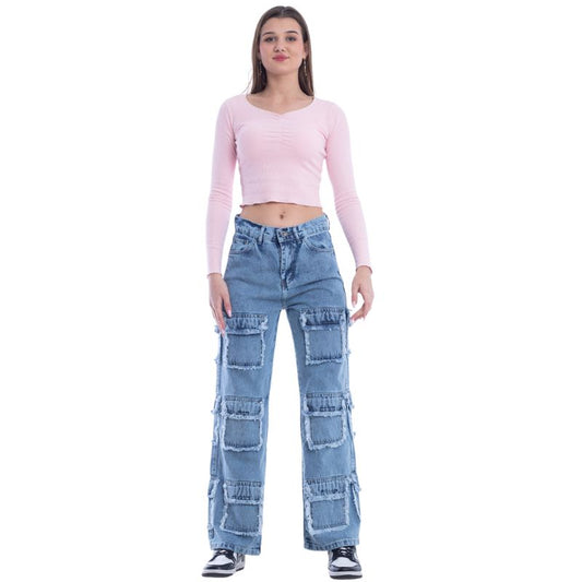 High Waist Flap Cargo Pocket Raw Cut Light Quarry Jeans Pants OB-626R
