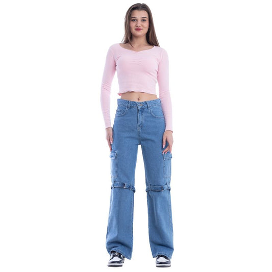 High Waist Flap Cargo Belt Medium Blue Jeans Pants OB-620B