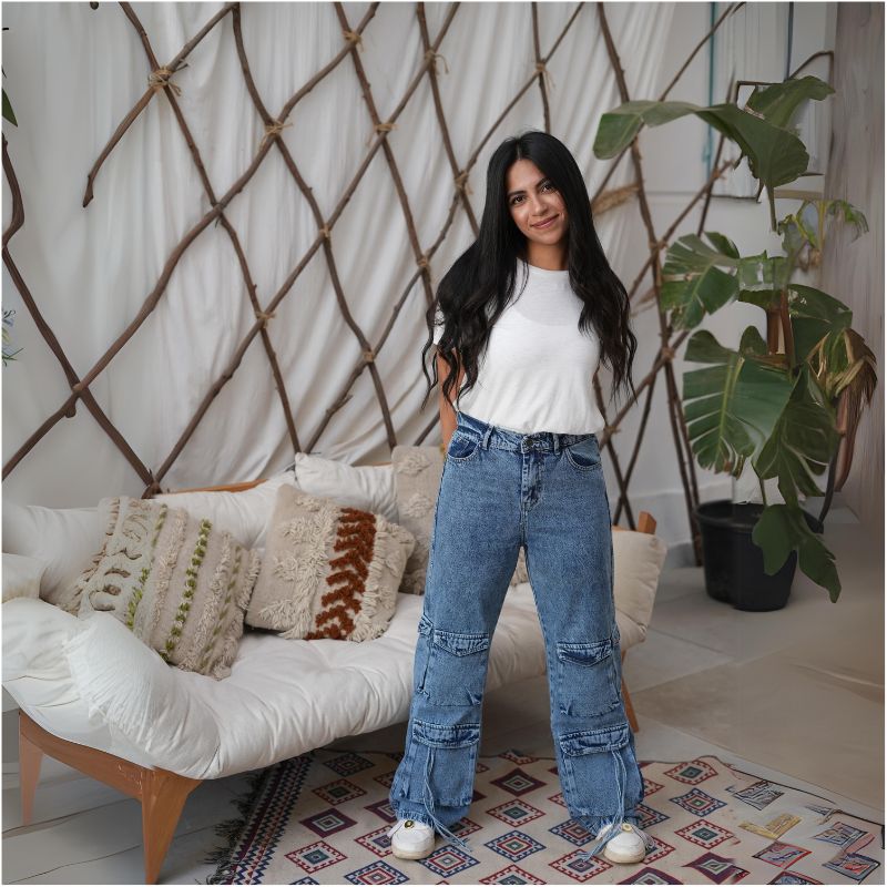 High waist Flap Pocket Cargo Light Quarry Jeans Pants OB-624V