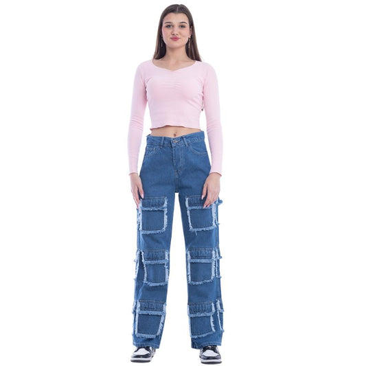 High Waist Flap Cargo Pocket Raw Cut Dark Blue Jeans Pants OB-626A