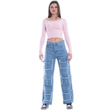 High Waist Flap Cargo Pocket Raw Cut Medium Blue Jeans Pants OB-626B