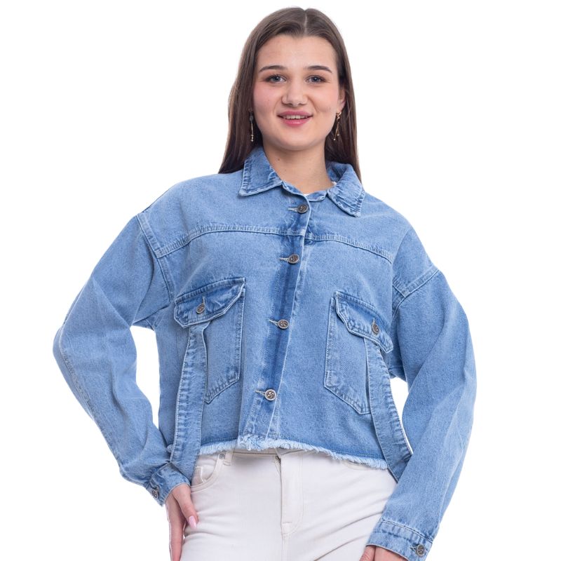Jeans Jacket Fringe Trim Drop With Belt Medium Blue OJ-534B