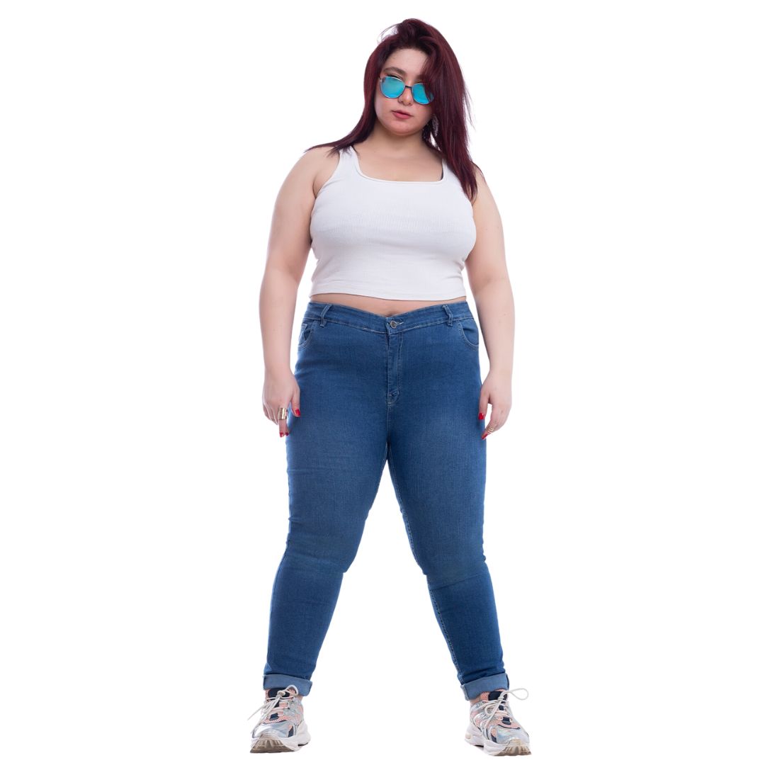 Plus Size High Waist Skinny Medium Blue Jeans Pants OH-320B