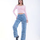 High Waist Flap Cargo Pocket Raw Cut Medium Blue Jeans Pants OB-626B