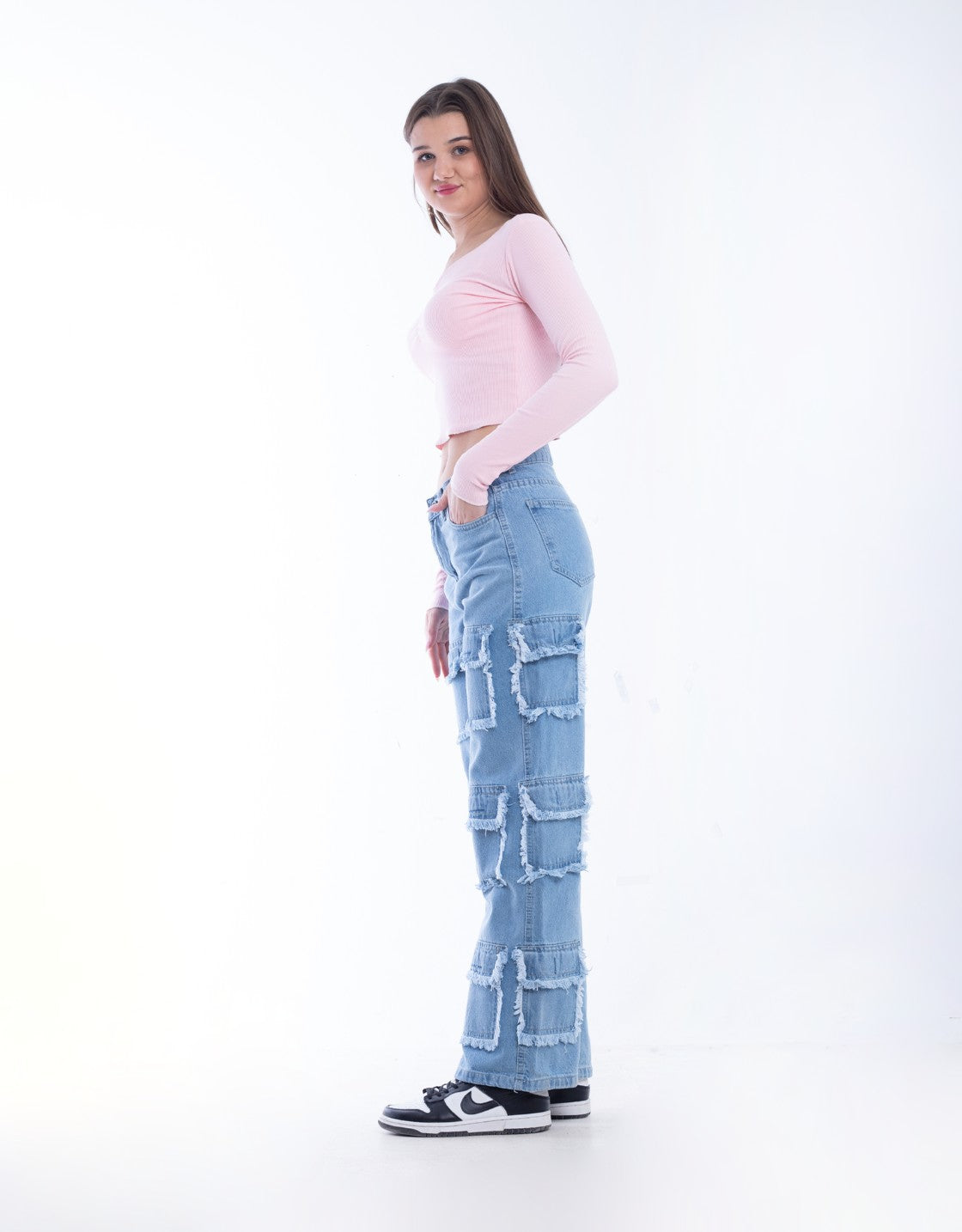 High Waist Flap Cargo Pocket Raw Cut Medium Blue Jeans Pants OB-626B