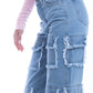 High Waist Flap Cargo Pocket Raw Cut Medium Blue Jeans Pants OB-626B