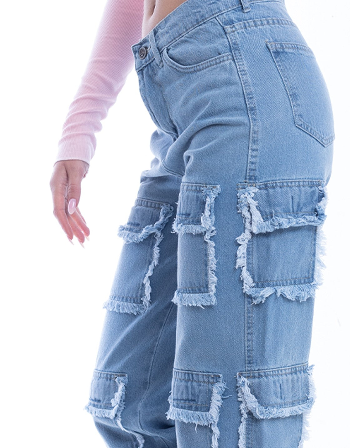High Waist Flap Cargo Pocket Raw Cut Medium Blue Jeans Pants OB-626B