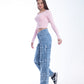 High Waist Flap Cargo Pocket Raw Cut Medium Blue Jeans Pants OB-626B