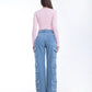 High Waist Flap Cargo Pocket Raw Cut Medium Blue Jeans Pants OB-626B