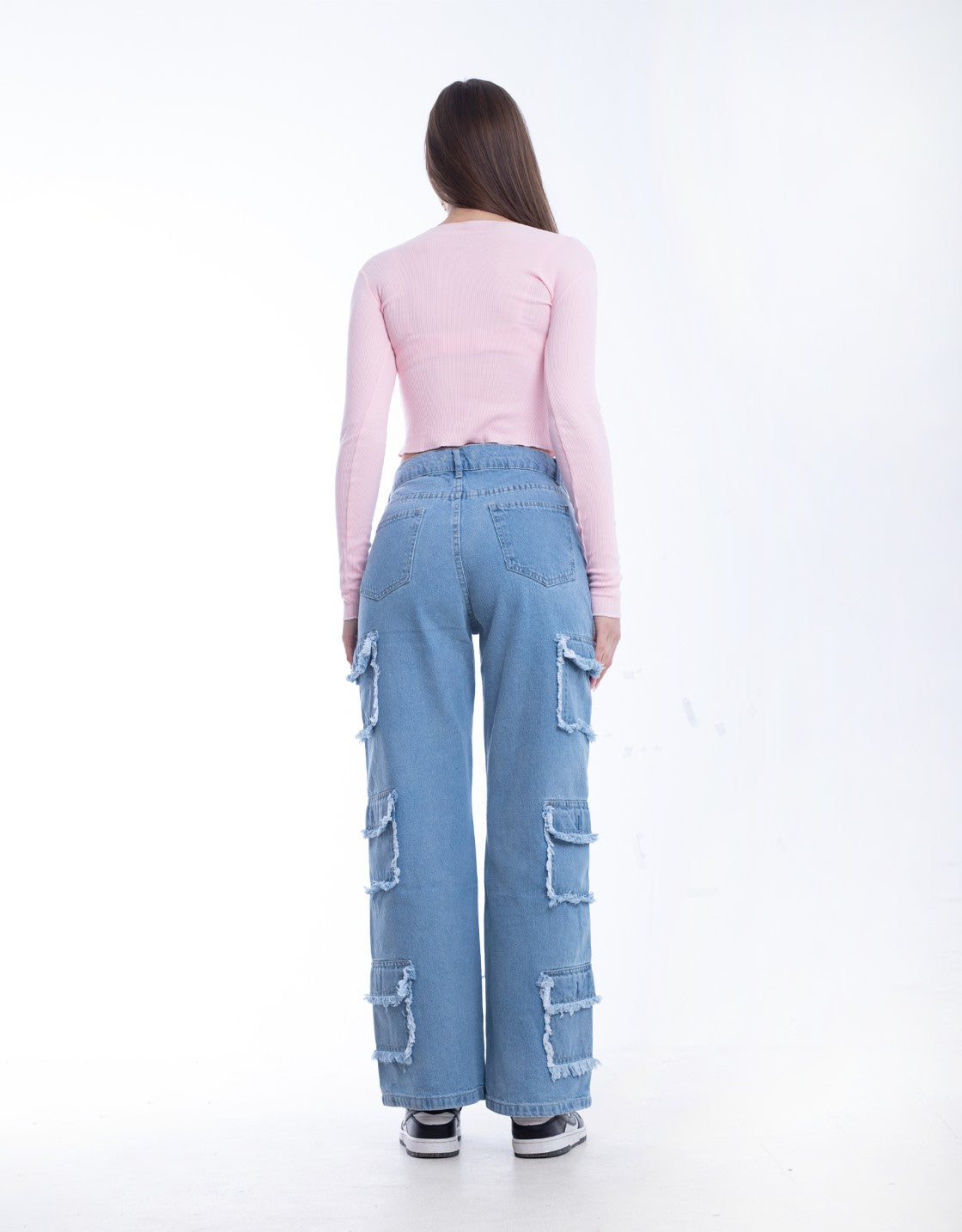 High Waist Flap Cargo Pocket Raw Cut Medium Blue Jeans Pants OB-626B