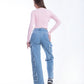 High Waist Flap Cargo Pocket Raw Cut Medium Blue Jeans Pants OB-626B