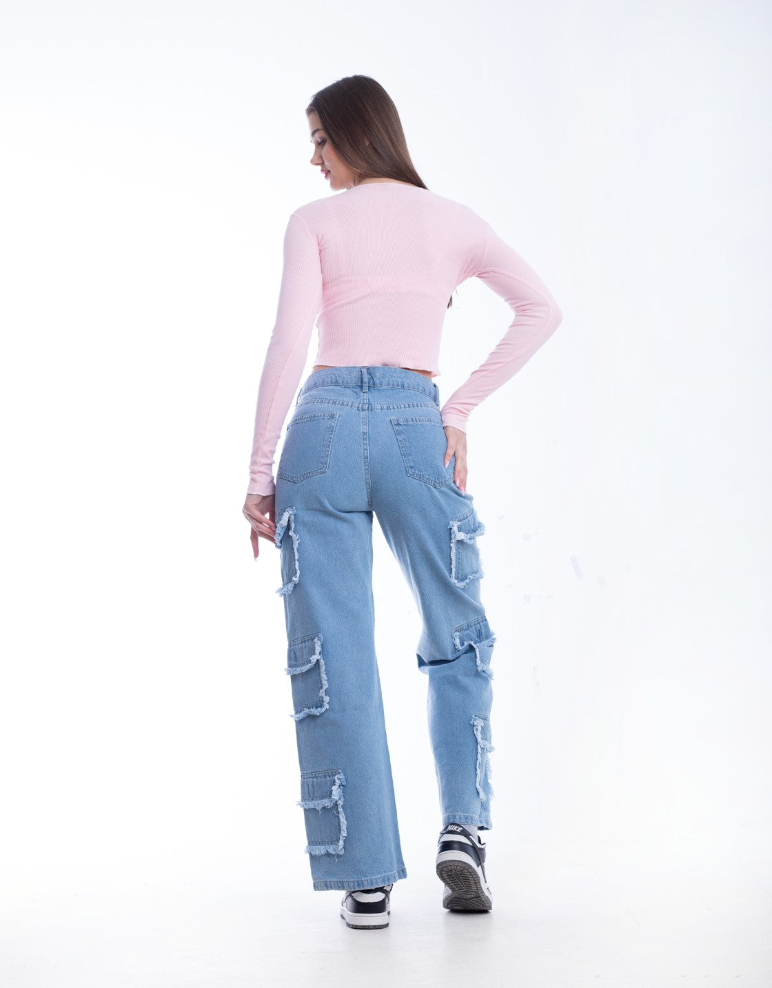 High Waist Flap Cargo Pocket Raw Cut Medium Blue Jeans Pants OB-626B