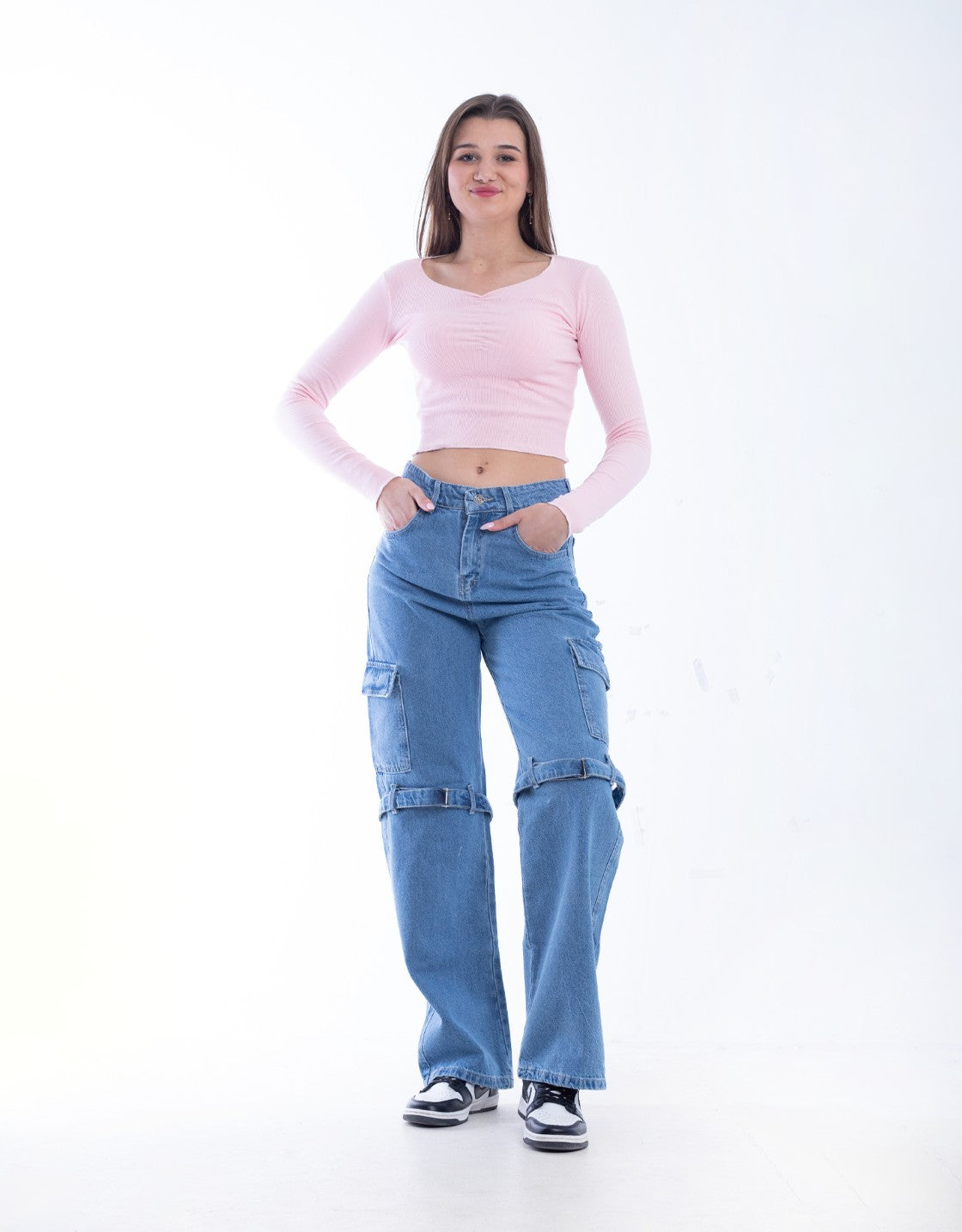 High Waist Flap Cargo Belt Medium Blue Jeans Pants OB-620B