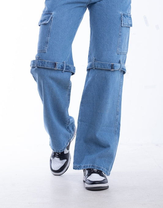 High Waist Flap Cargo Belt Medium Blue Jeans Pants OB-620B