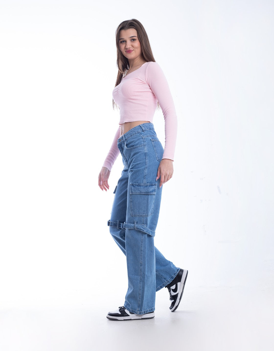 High Waist Flap Cargo Belt Medium Blue Jeans Pants OB-620B