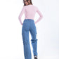 High Waist Flap Cargo Belt Medium Blue Jeans Pants OB-620B