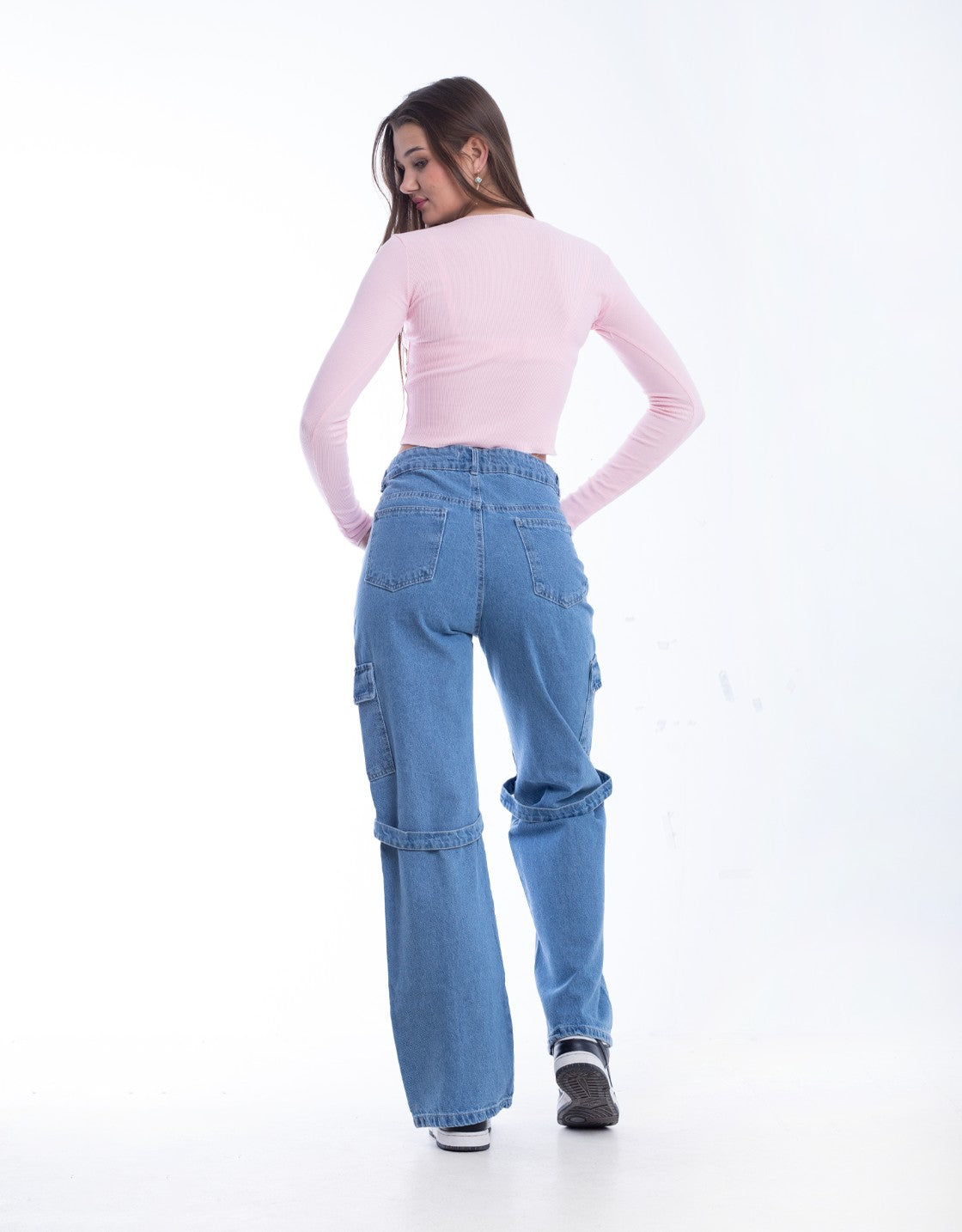 High Waist Flap Cargo Belt Medium Blue Jeans Pants OB-620B