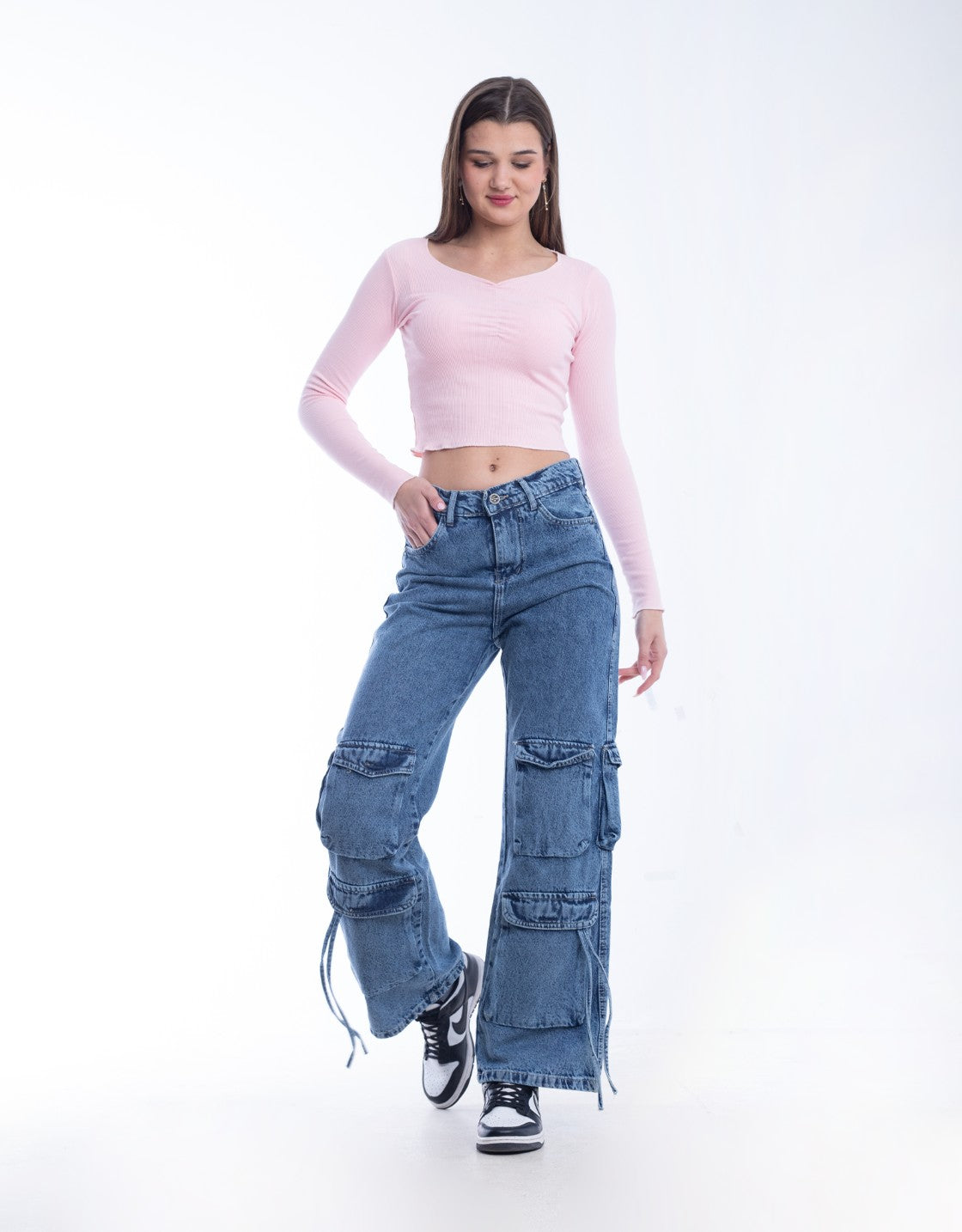 High waist Flap Pocket Cargo Dark Quarry Jeans Pants OB-624R