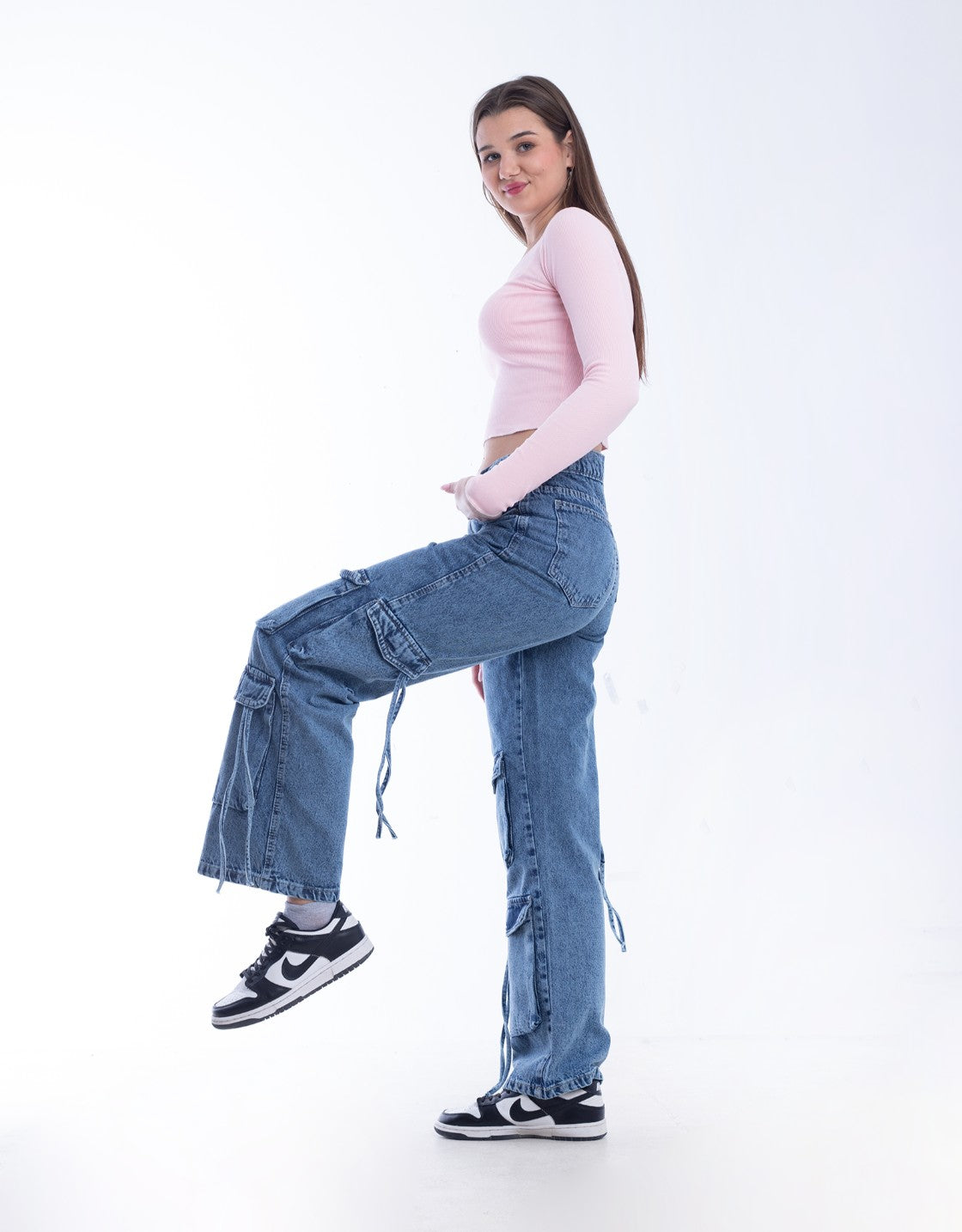 High waist Flap Pocket Cargo Dark Quarry Jeans Pants OB-624R