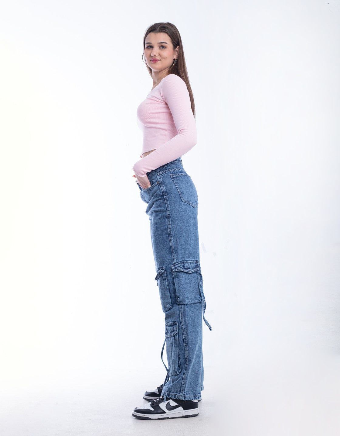 High waist Flap Pocket Cargo Dark Quarry Jeans Pants OB-624R
