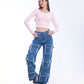 High Waist Flap Cargo Pocket Raw Cut Dark Blue Jeans Pants OB-626A