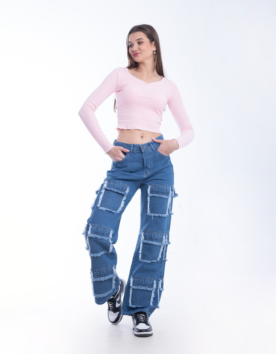 High Waist Flap Cargo Pocket Raw Cut Dark Blue Jeans Pants OB-626A