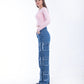High Waist Flap Cargo Pocket Raw Cut Dark Blue Jeans Pants OB-626A