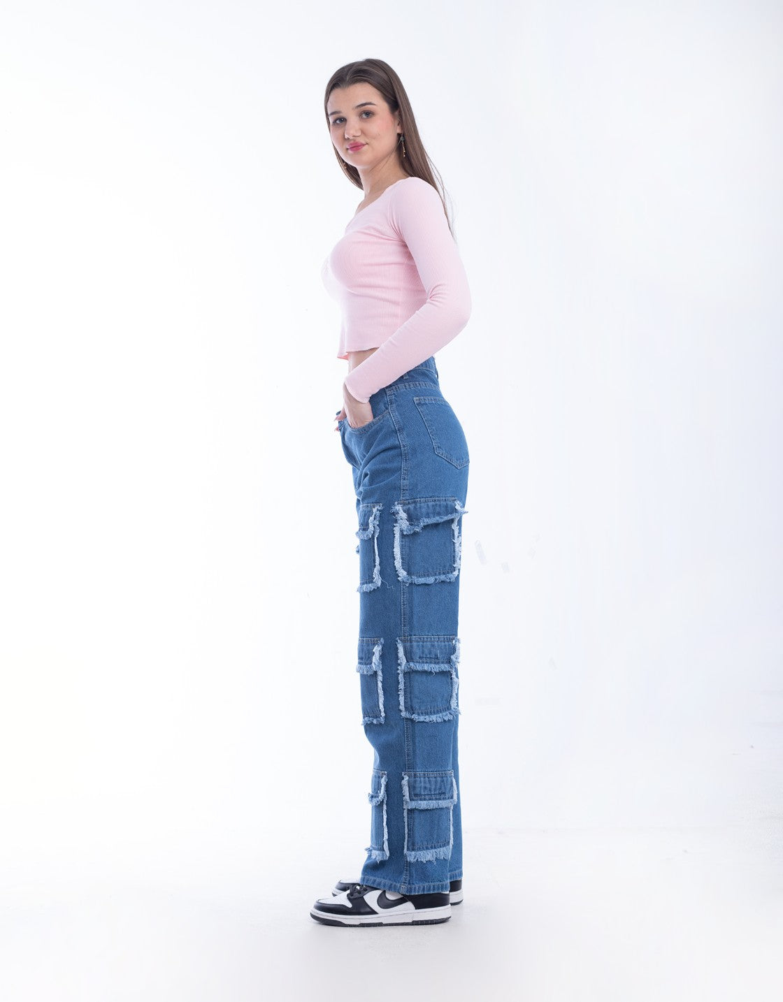 High Waist Flap Cargo Pocket Raw Cut Dark Blue Jeans Pants OB-626A