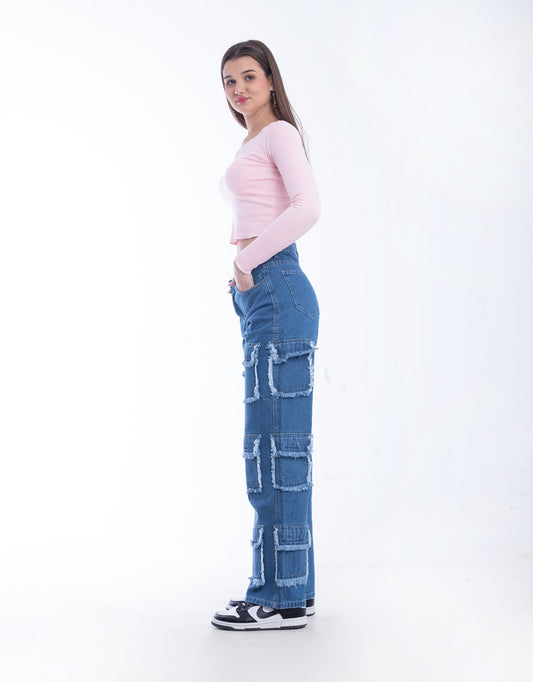 High Waist Flap Cargo Pocket Raw Cut Dark Blue Jeans Pants OB-626A