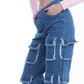 High Waist Flap Cargo Pocket Raw Cut Dark Blue Jeans Pants OB-626A