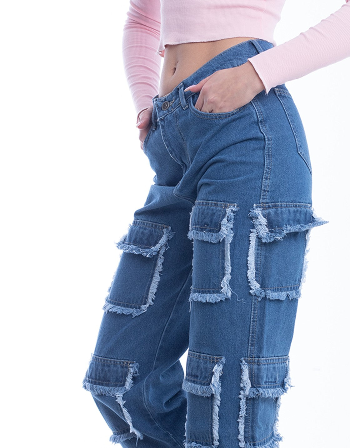 High Waist Flap Cargo Pocket Raw Cut Dark Blue Jeans Pants OB-626A