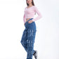 High Waist Flap Cargo Pocket Raw Cut Dark Blue Jeans Pants OB-626A