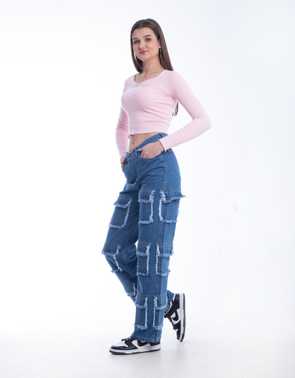 High Waist Flap Cargo Pocket Raw Cut Dark Blue Jeans Pants OB-626A
