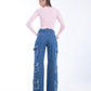 High Waist Flap Cargo Pocket Raw Cut Dark Blue Jeans Pants OB-626A