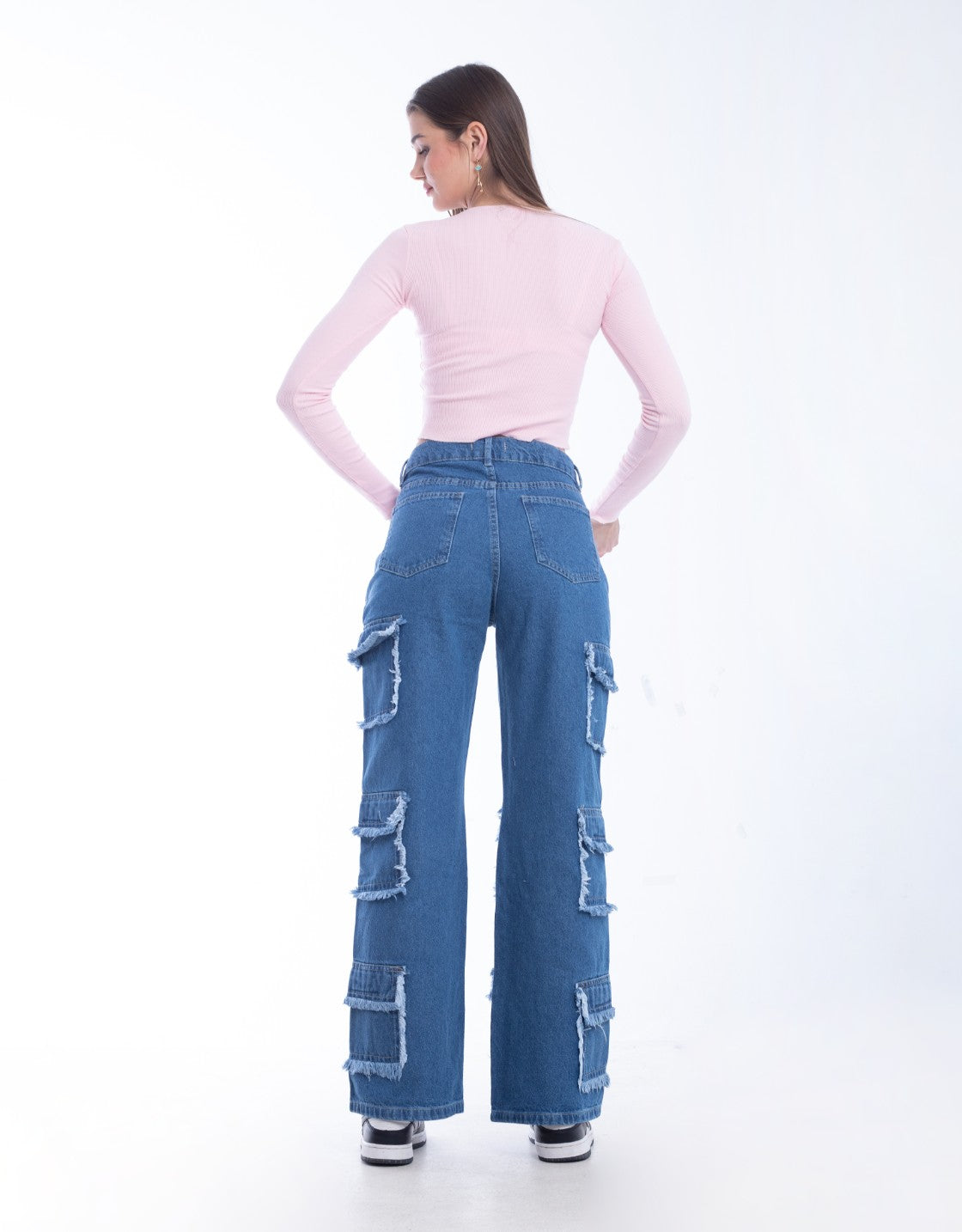 High Waist Flap Cargo Pocket Raw Cut Dark Blue Jeans Pants OB-626A