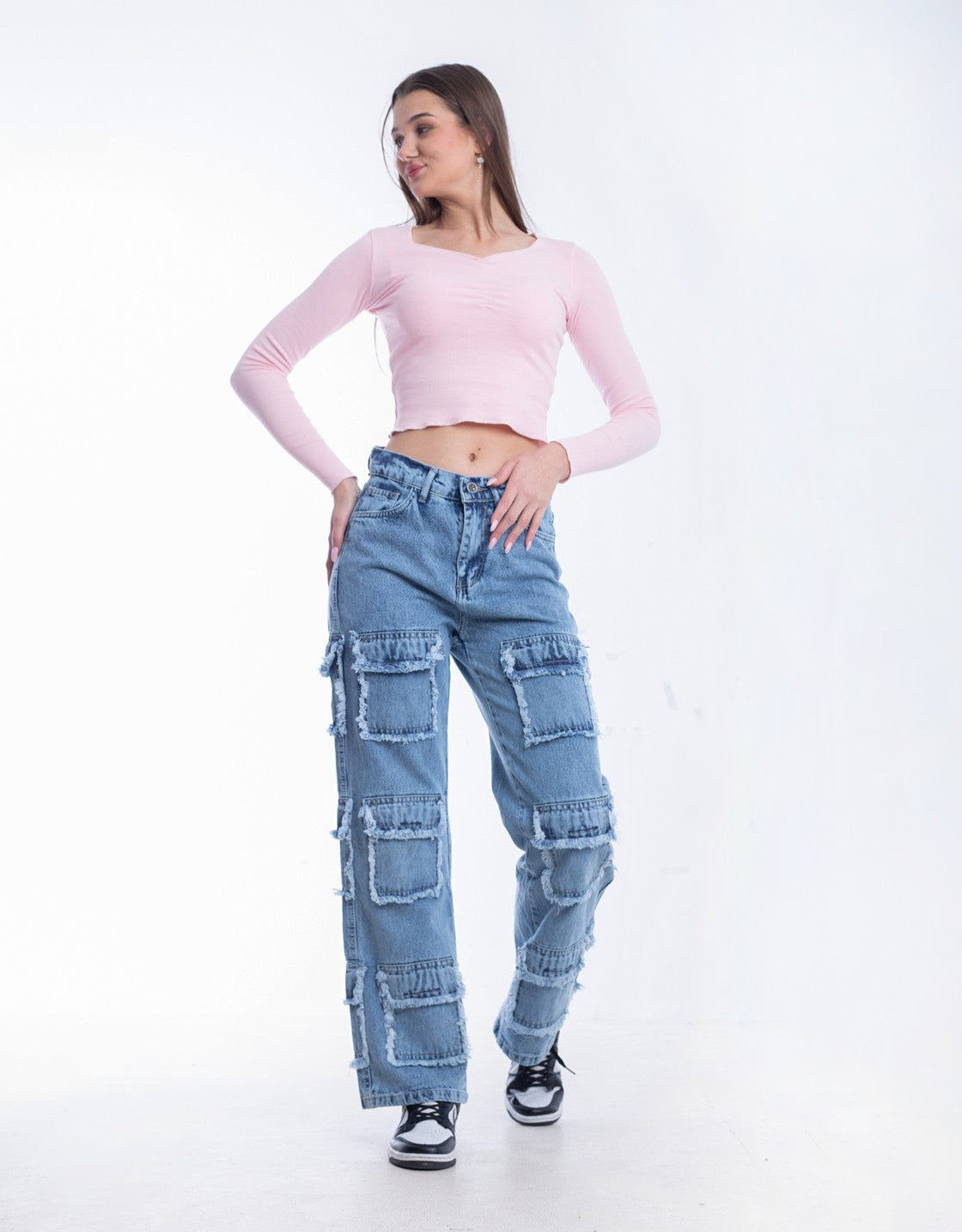 High Waist Flap Cargo Pocket Raw Cut Light Quarry Jeans Pants OB-626R
