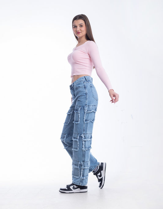 High Waist Flap Cargo Pocket Raw Cut Light Quarry Jeans Pants OB-626R