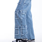 High Waist Flap Cargo Pocket Raw Cut Light Quarry Jeans Pants OB-626R