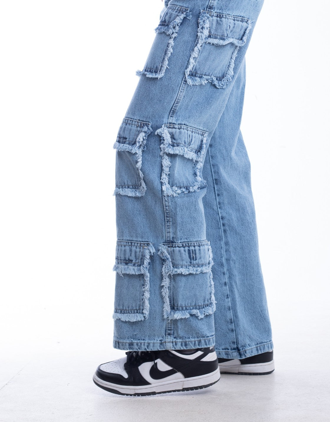 High Waist Flap Cargo Pocket Raw Cut Light Quarry Jeans Pants OB-626R