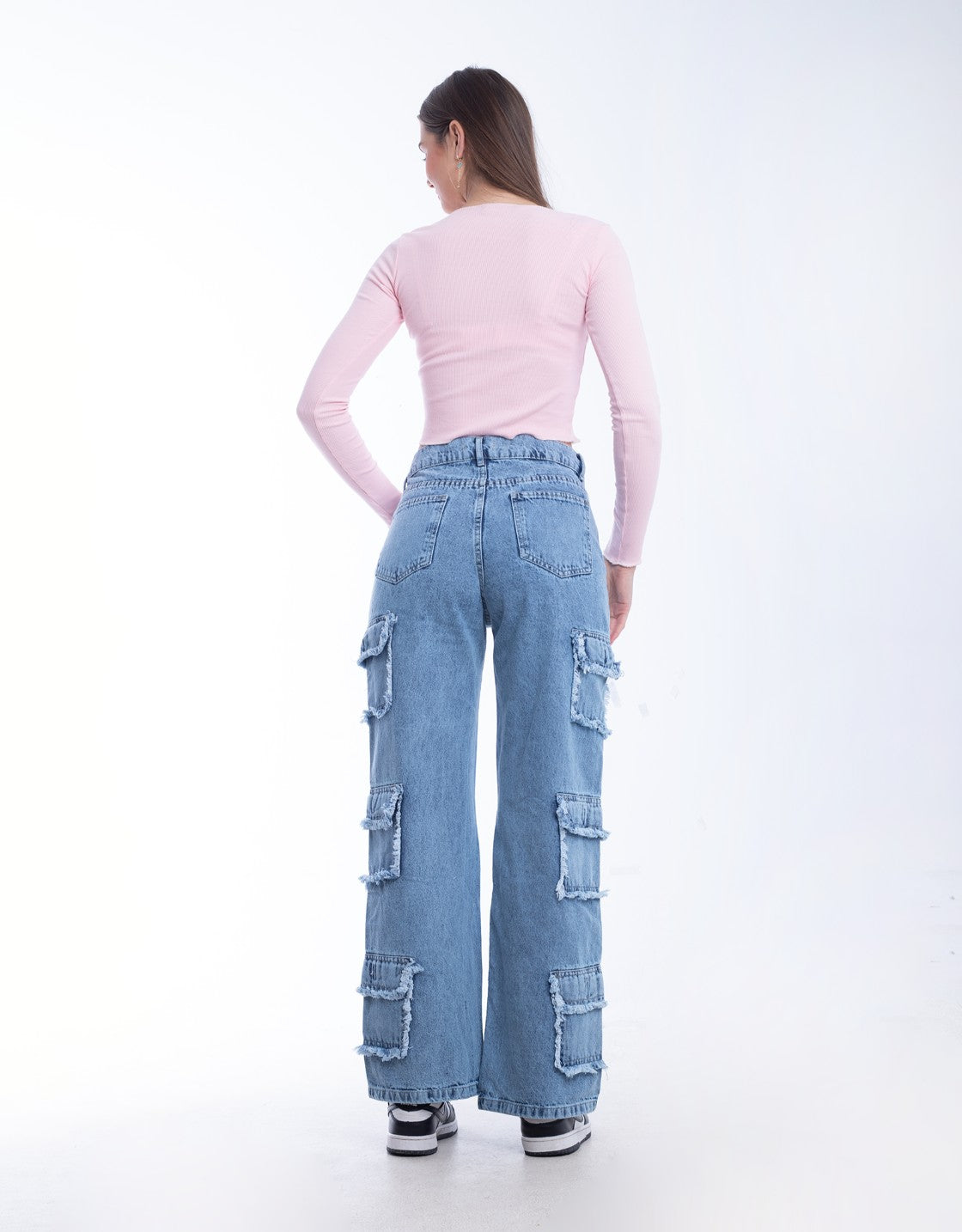 High Waist Flap Cargo Pocket Raw Cut Light Quarry Jeans Pants OB-626R