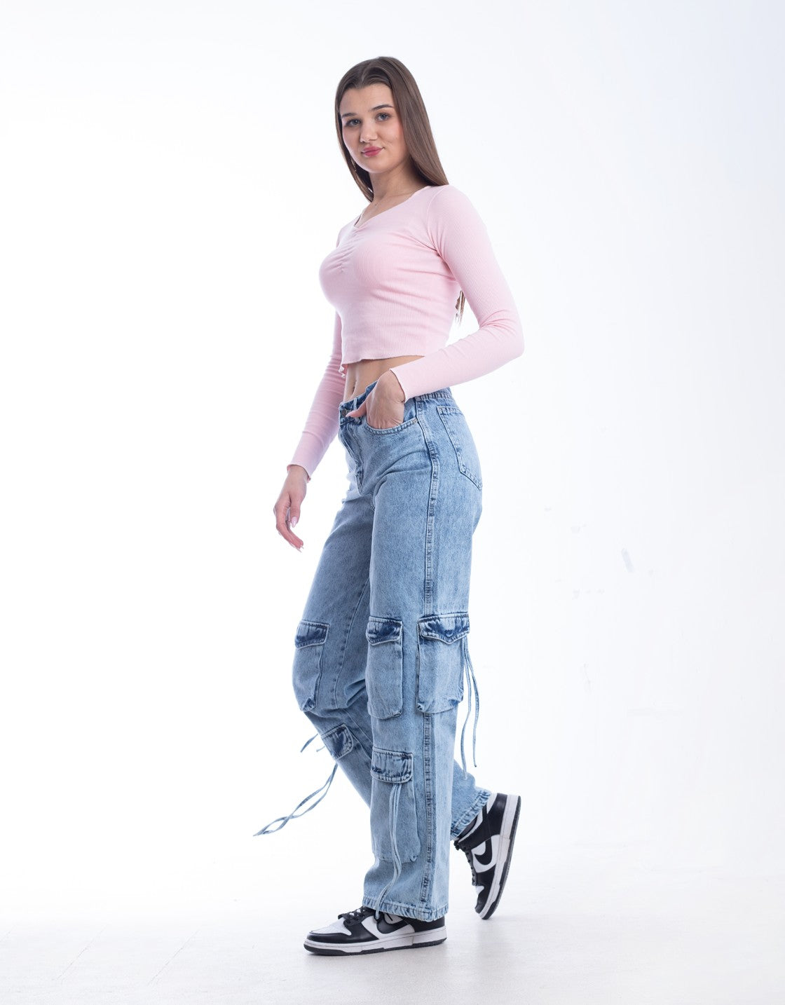 High waist Flap Pocket Cargo Light Quarry Jeans Pants OB-624V
