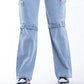 High Waist Flap Cargo Belt Light Blue Jeans Pants OB-620C