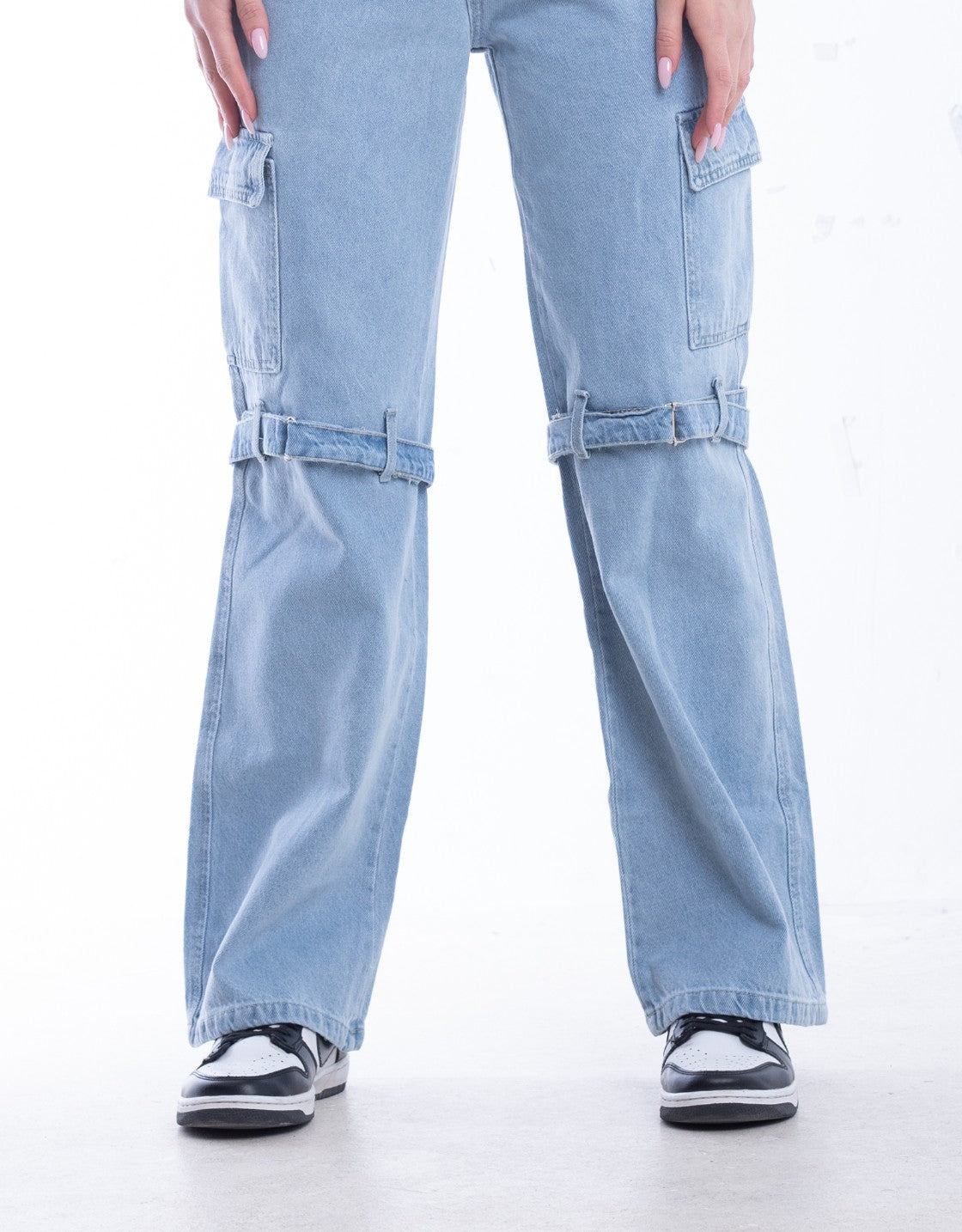 High Waist Flap Cargo Belt Light Blue Jeans Pants OB-620C