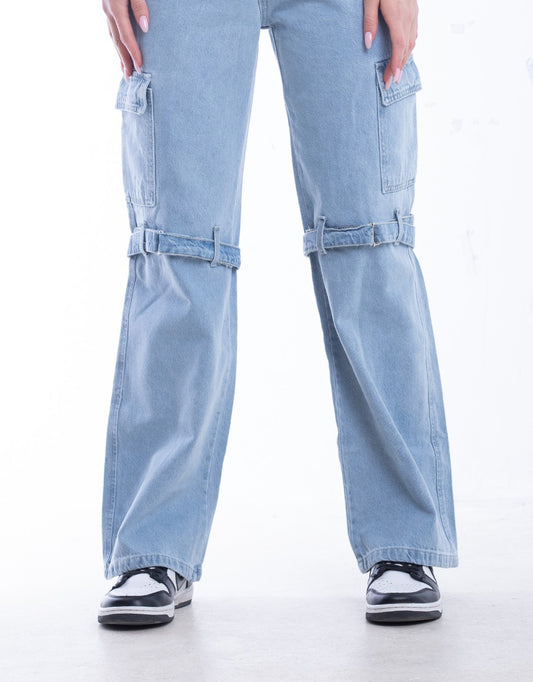 High Waist Flap Cargo Belt Light Blue Jeans Pants OB-620C