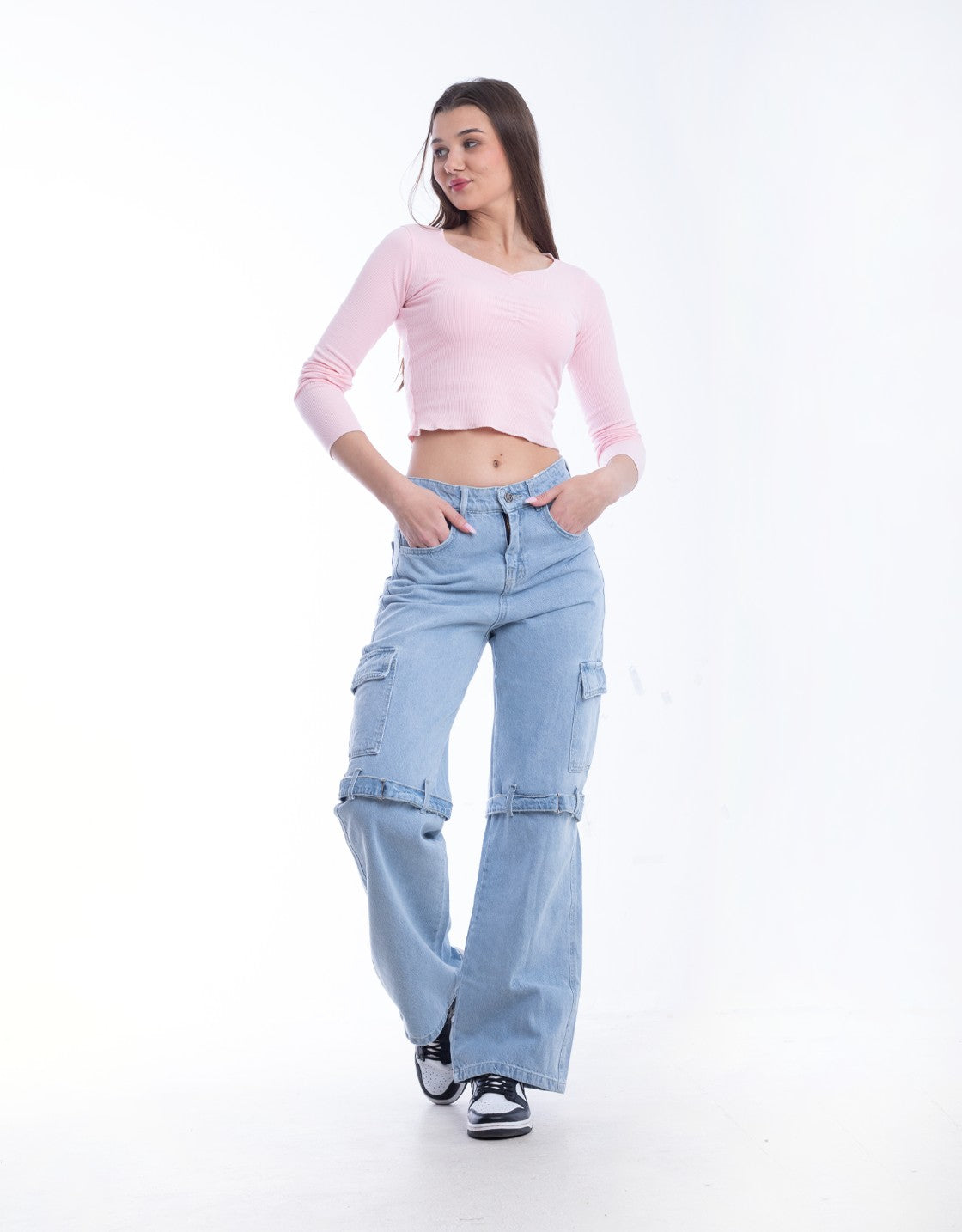 High Waist Flap Cargo Belt Light Blue Jeans Pants OB-620C