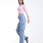 High Waist Flap Cargo Belt Light Blue Jeans Pants OB-620C