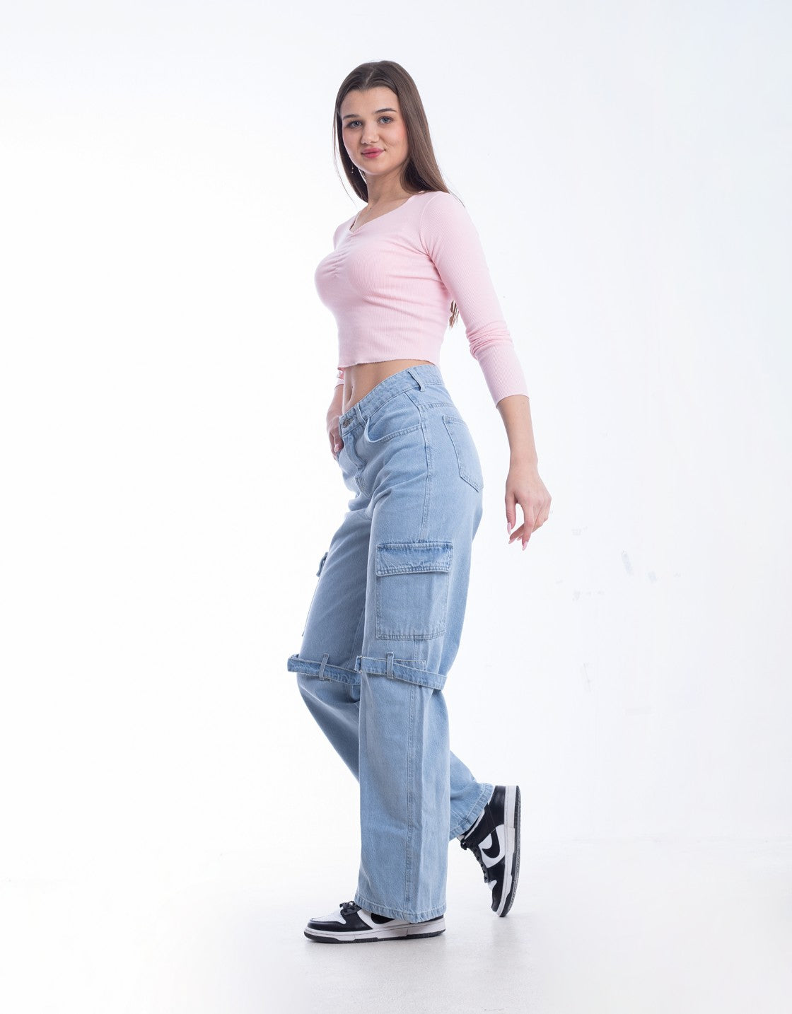 High Waist Flap Cargo Belt Light Blue Jeans Pants OB-620C