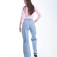 High Waist Flap Cargo Belt Light Blue Jeans Pants OB-620C
